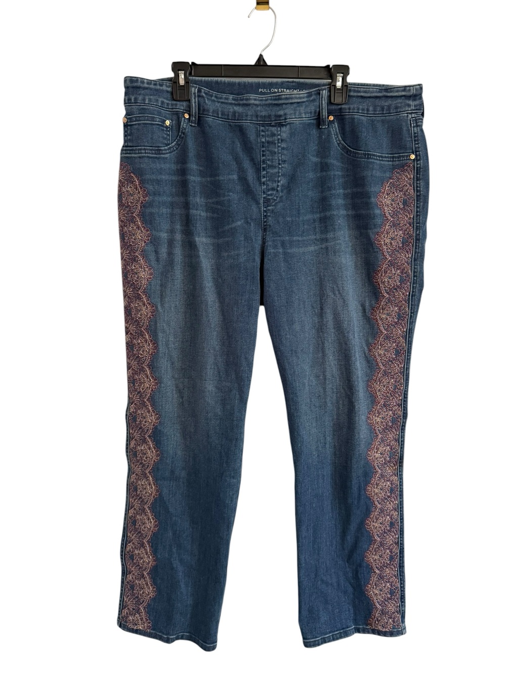 Women’s Boho Lace Embroidered Pull-On Straight Leg Blue Jeans Chico’s 3.5 Sz 18